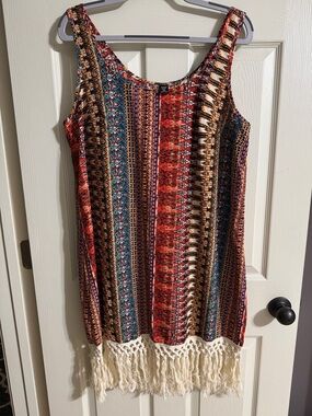 SHEIN Curve 1X Red Multi-Color Boho Midi Dress with Fringe